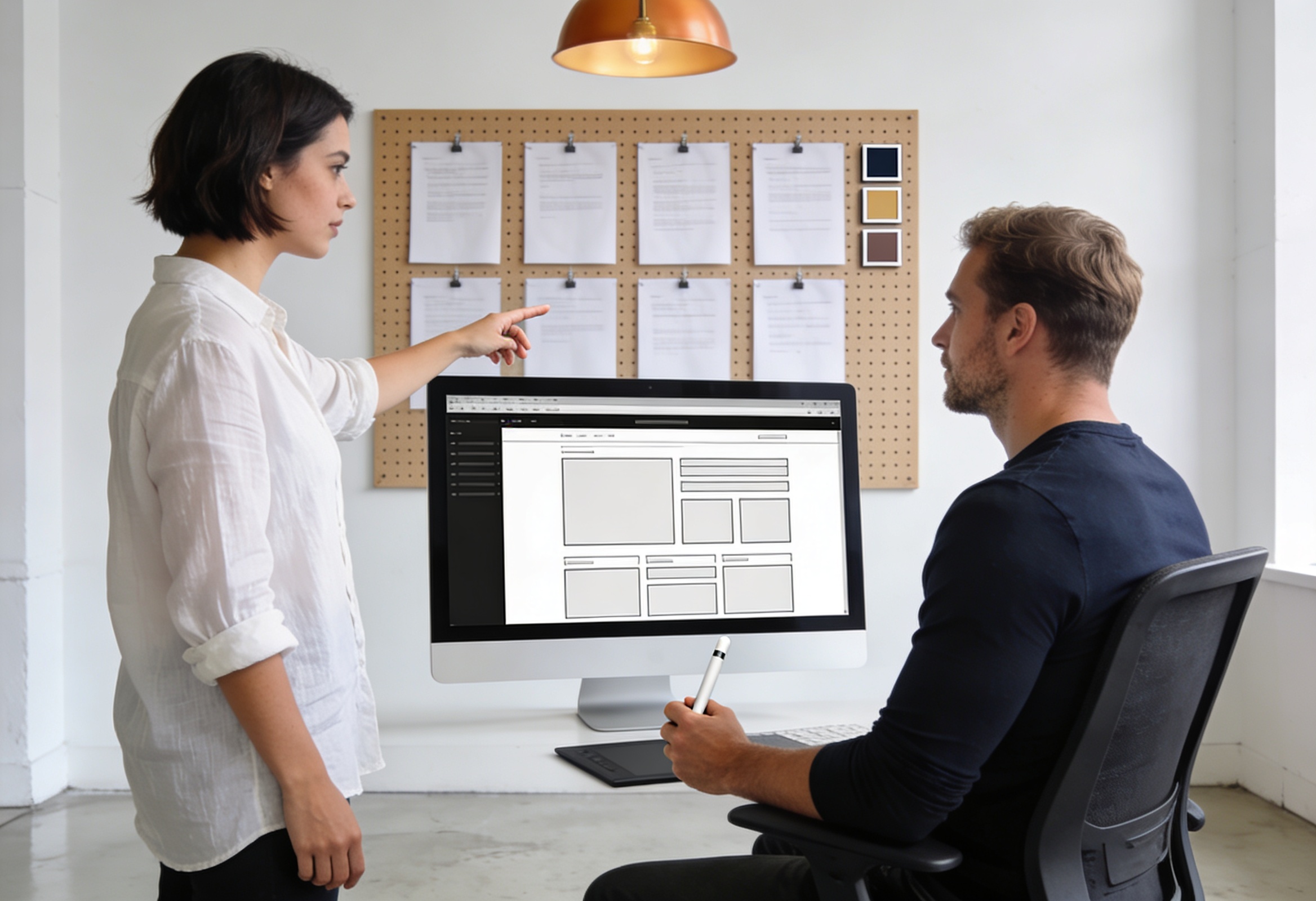 İki tasarımcı monitörde web sitesi wireframe üzerinde birlikte çalışıyor