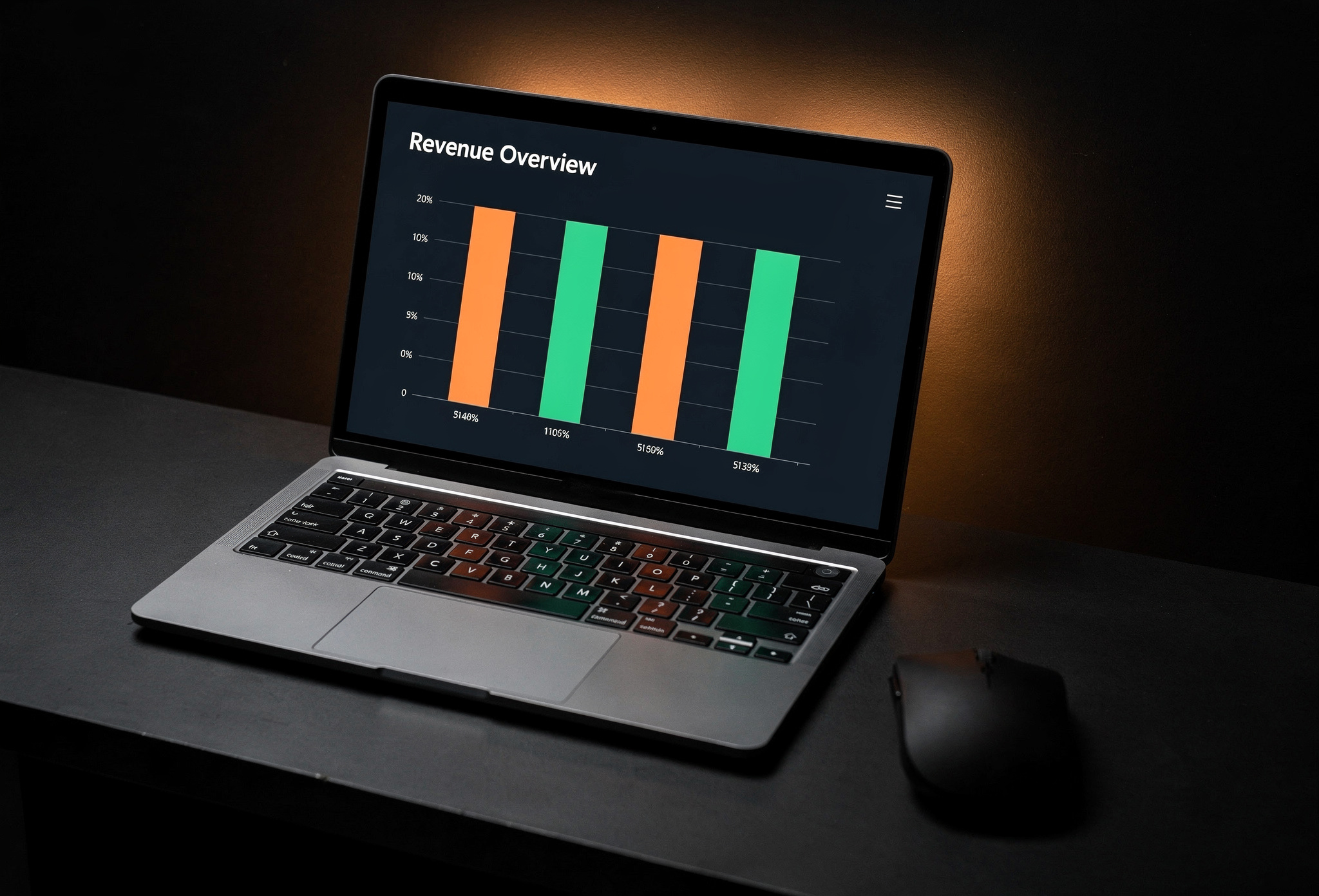 Karanlık masada finansal veri paneli gösteren laptop