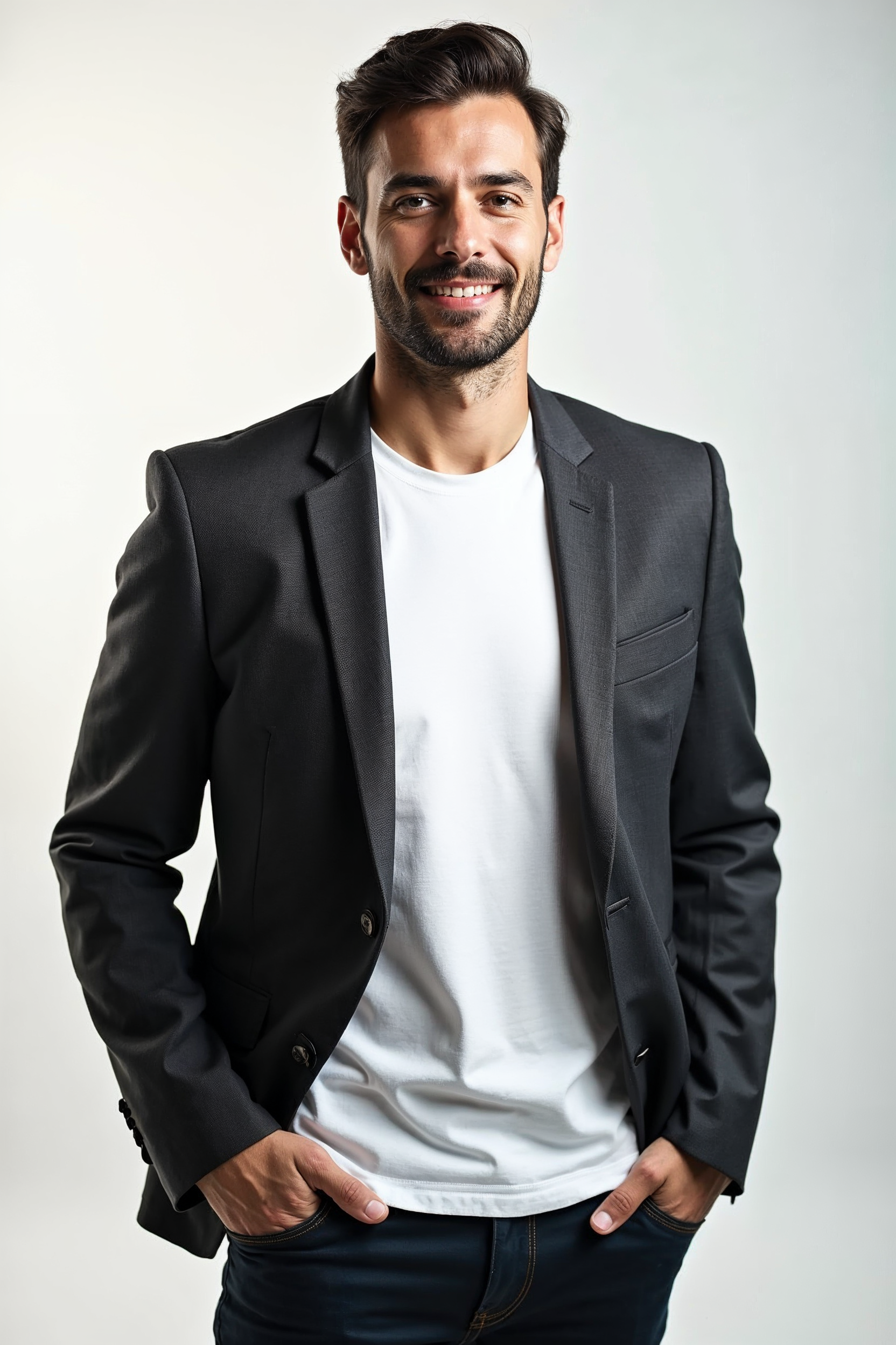 Profesyonel stüdyoda üç çeyrek açısında duran erkek yaratıcı direktör