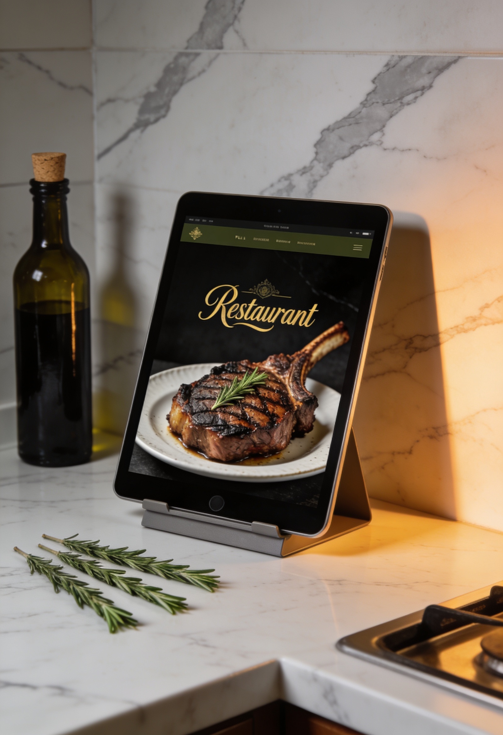 Beyaz mermer tezgahta restoran web sitesi gösteren tablet